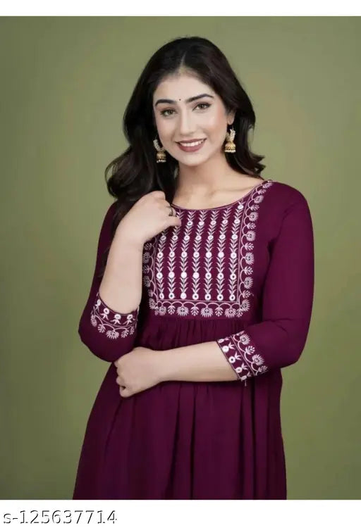 Maroon rayon Anarkali Kurta with embroidery, three-quarter sleeves, solid pattern, size S (36in bust), suitable for contemporary fashion styles