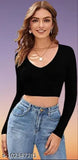Black polyester long sleeve V-neck crop top by Dream Beauty Fashion for women, India origin