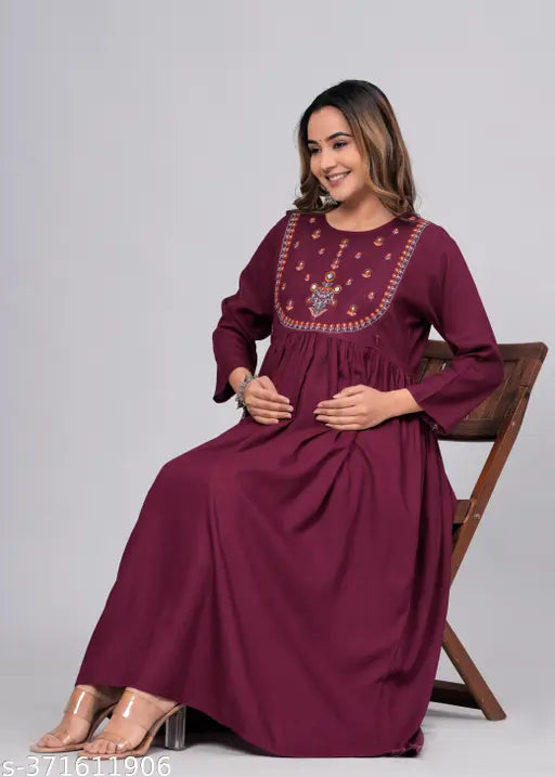 Rayon embroidered maternity long kurta, solid design, three-quarter sleeves. S (36in bust, 48in length) & XXL (44in bust, 48in length). Indian festival wear for expectant mothers