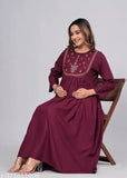 Rayon embroidered maternity long kurta, solid design, three-quarter sleeves. S (36in bust, 48in length) & XXL (44in bust, 48in length). Indian festival wear for expectant mothers