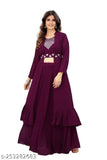 Embroidered Georgette gown with three-quarter sleeves, Indian Gotapatti work on women's fashion
