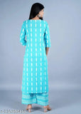 Printed cotton kurta and palazzo set, three-quarter sleeves. Single size, suitable for festive occasions. Indian made, pure cotton comfort wear