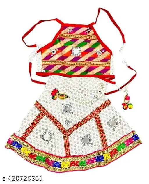 White cotton baby girl lehenga choli, embellished with multicolored top, traditional-meets-modern Indian festive wear