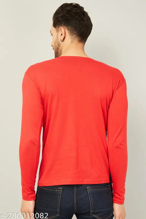 Red colorblocked cotton Swiftly men's regular round t-shirt with long sleeves, single item in sizes S to XXL from India