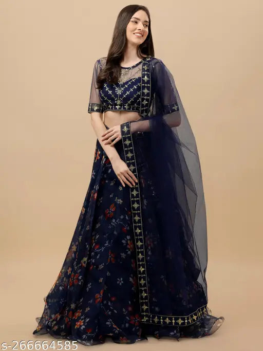 Red art silk and net lehenga set with floral embroidery, semi-stitched for Indian women