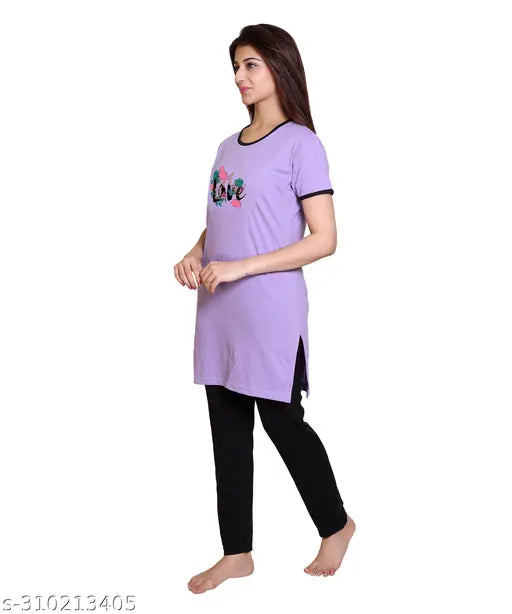 Cotton blend printed breathable round neck nightsuits, pack of 2 for women and girls, India origin