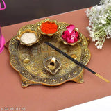 Gold-plated aluminum Badhi puja thali with 4 diya, intricate handicraft for puja and worship (23cm x 4cm x 23cm)