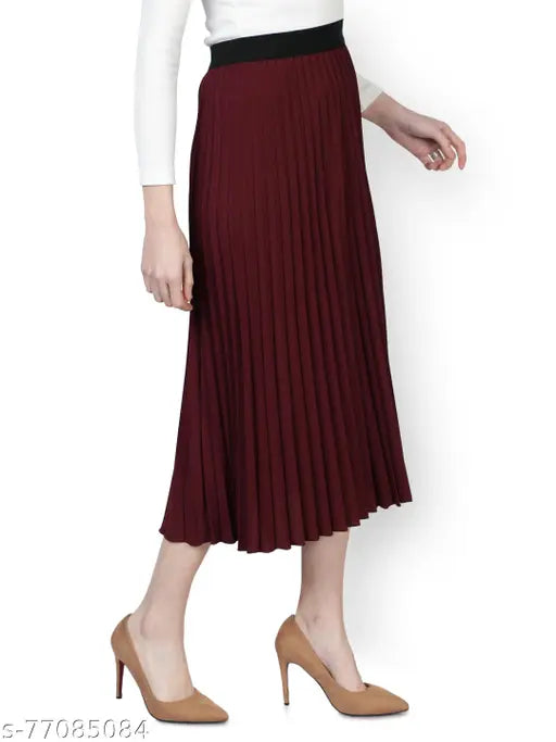 Poly lycra solid wine pleated skirt, A-line skirt with elasticated waistband, perfect for casual events or parties