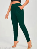 Green polyester blend mid-waist trousers with narrow fit and two side pockets, 42 inches, casual wear in solid pattern