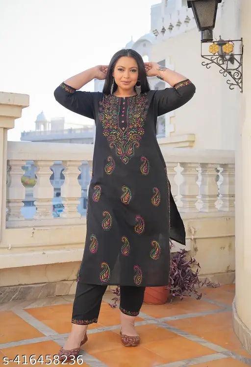 Black cotton kurta set with dupatta and pants, Yash Gallery's Chikankari printed women's ethnic wear, Indian-made
