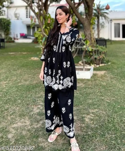 Black embroidered rayon kurta pants set, long sleeves with net pattern for women's party wear, India origin