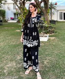 Black embroidered rayon kurta pants set, long sleeves with net pattern for women's party wear, India origin