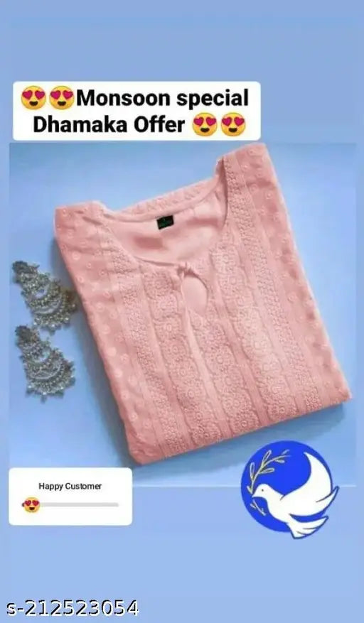 Indian Georgette Petite Kurti, embroidered chikan work. Three-quarter sleeves, bust sizes M-XXXL