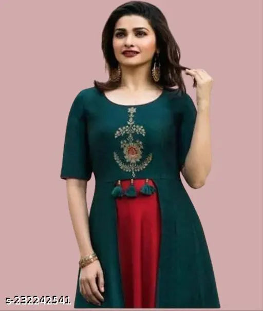 Red and green printed anarkali gown with embroidered pattern, Rayon fabric, short sleeves. Single sizes available: M (Bust Size: 38 in, Size Length: 50 in) L (Bust Size: 40 in, Size Length: 50 in), Made in India