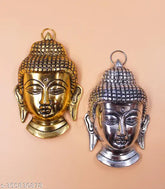 Metal Meditating Buddha Mask Wall Hanging Statue, 2 pcs - Indian artisan-made home decor gift
