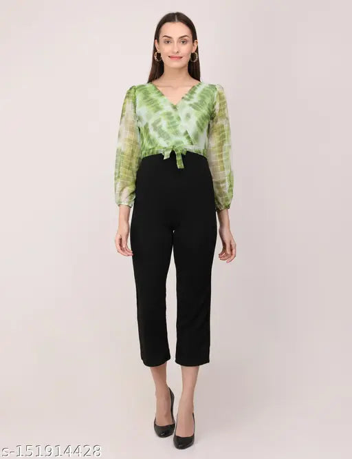 Georgette digital print jumpsuit for women, black and floral dyed/washed pattern, long sleeves, cotton blend fabric