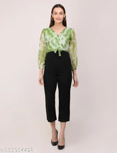 Georgette digital print jumpsuit for women, black and floral dyed/washed pattern, long sleeves, cotton blend fabric