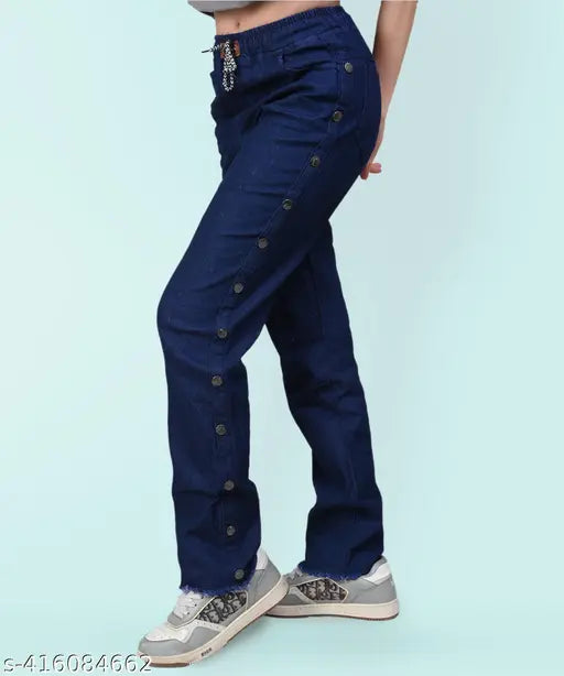Dark blue stretchable premium denim high-waisted jogger jeans (40/38in, 42/38in, 44/38in, 46/38in). Indian-made bell bottom cargo jeans for women