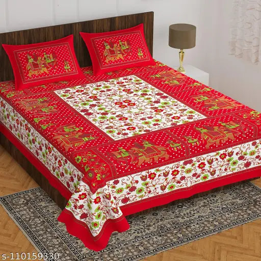 Red Jaipuri Printed Cotton Bedsheet Set (Double Queen, 160TC) - Ideal for Summer by Sakshi Textiles