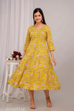 Yellow rayon anarkali gown, printed combo with three-quarter sleeves, Indian fashion for women
