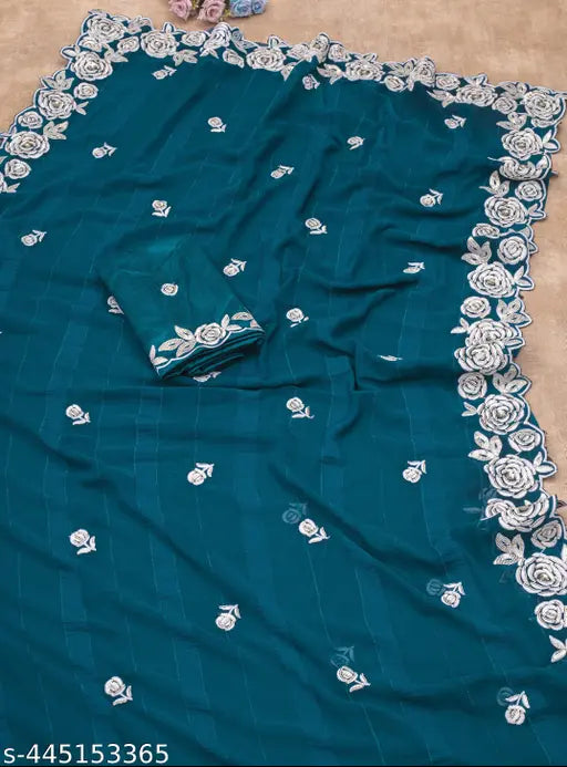 Radiant Floral Fantasy Georgette sari with sequinned thread work, delicate floral embroidery, paired with a satin blouse - traditional Indian bridal wear for weddings and special occasions