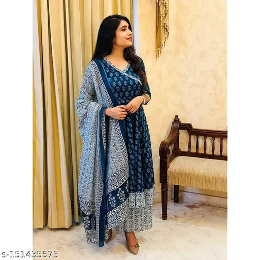 Viscose-chanderi printed Anarkali kurta & palazzo set with dupatta on mannequin, Indian women's fashion