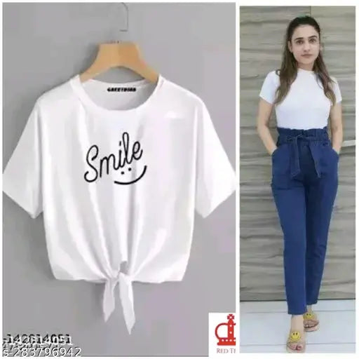 Cotton blend women's trendy t-shirt with denim joggers (Pack 2), unique printed design