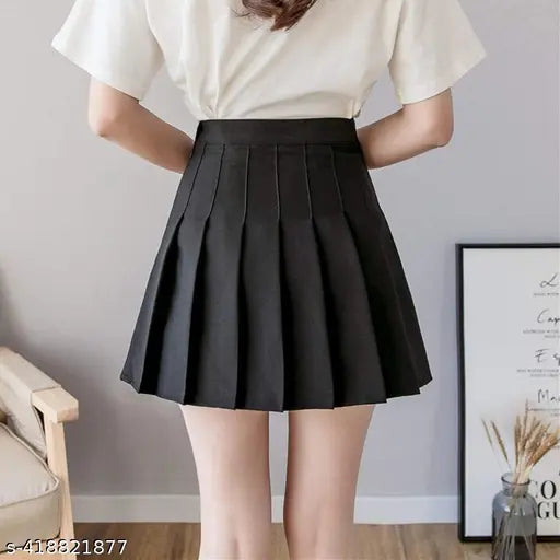 Black polyester high waist pleated mini skater tennis skirt with self-design net pattern, comfortable and easy to wear for casual, school, beach, party, golf, cosplay, and daily wear. Perfect for cheerleader costumes or Girl Scout uniforms. Size M/L/XL/XXL; check waistband measurements for size selection (30: 34in waist, 17in length, 42in hip; 34: 32in waist, 17in length, 40in hip). Origin: India