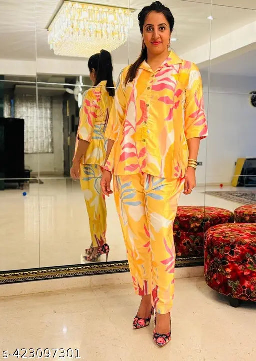 Stylish yellow floral print satin coord set, two-piece loungewear for women