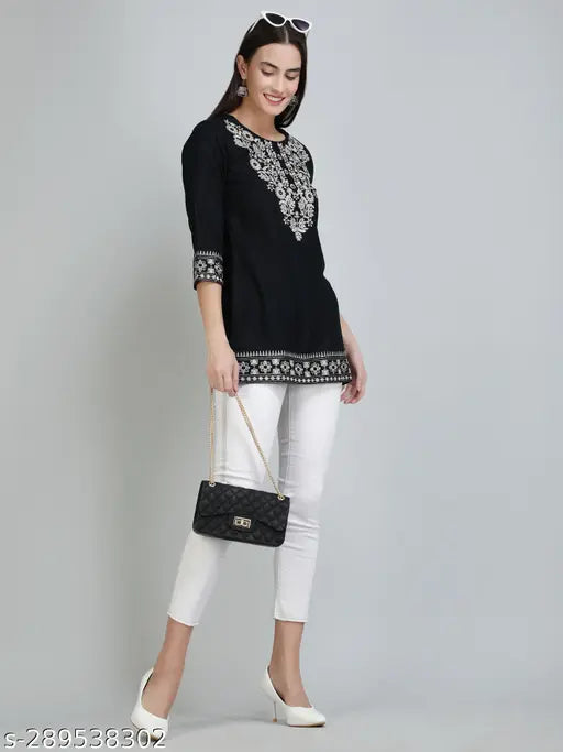 Rayon embroidered women's top, three-quarter sleeves, trendy festival wear from India