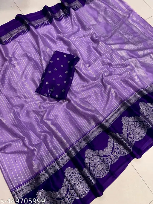 New Dola Silk Saree, Indian-made, single piece in free size, featuring zari woven pattern. Saree length 5.5m, blouse length 0.8m