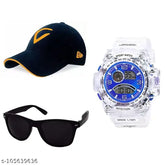 Blue and black men's watch, wayfarer sunglasses, sports cap combo - WP130, free size from India