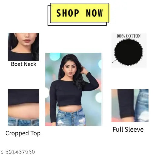 Black cotton crop top with full sleeves, comfortable and trendy women's casual wear