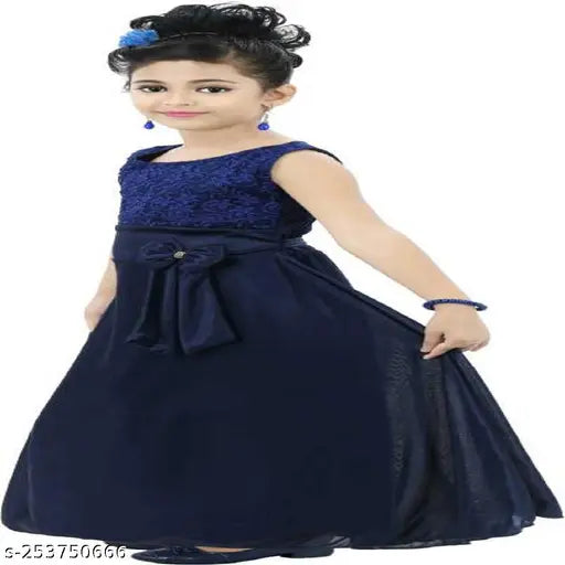 Navy Blue Rayon Sleeveless Maxi Dress, Embroidered Net - Stylish Party Gown for Girls (2-13 Years)