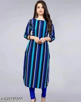 Striped three-quarter sleeve crepe kurti for women, single size options S-XXL. Indian fashion print on display