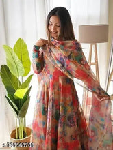 Pink Georgette Kurta with Dupatta and Silk bottom, three-quarter sleeves, printed set on mannequin, India origin