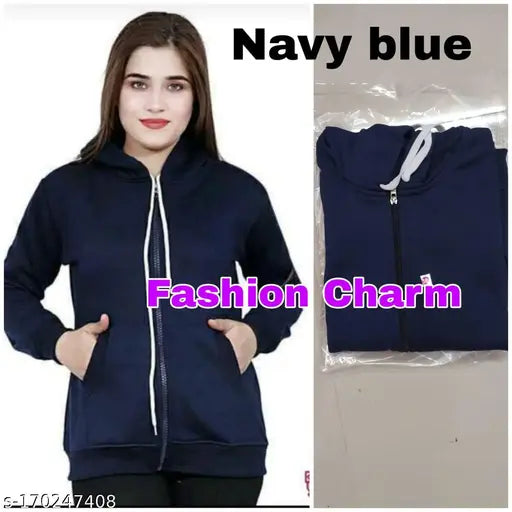 Solid cotton fleece winter jacket, long-sleeved fashion charm huddy for women with pockets. Made from India