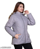 Solid nylon women's jacket with zip closure, long sleeves, and warm winter feel. Made in India