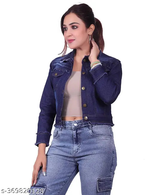 Dark blue denim jacket, trendy solid 3-patti design for women, machine washable, durable and sturdy, perfect for all seasons and outfits, made in India