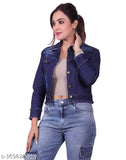 Dark blue denim jacket, trendy solid 3-patti design for women, machine washable, durable and sturdy, perfect for all seasons and outfits, made in India