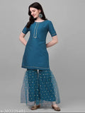 Teal silk blend kurta with sharara and dupatta, embroidered with sequins and lace for festive or traditional wear (Size: S-XXL)