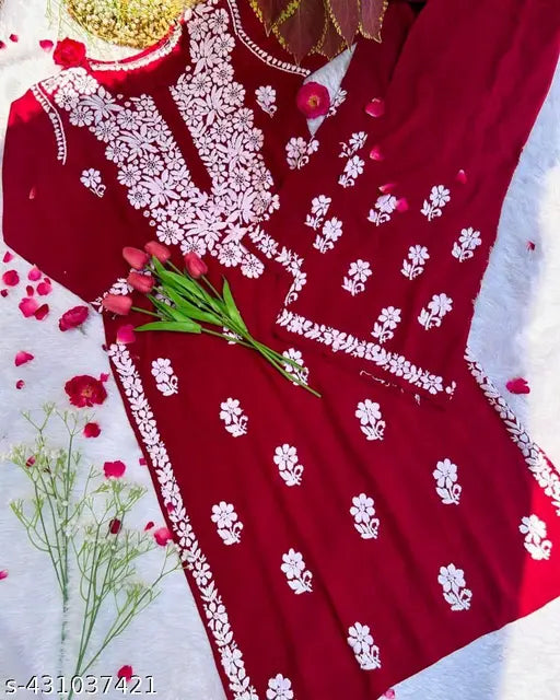 Maroon embroidered rayon kurta set with palazzos, three-quarter sleeves, and varied sizes for women