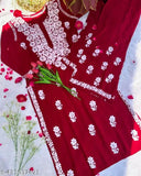 Maroon embroidered rayon kurta set with palazzos, three-quarter sleeves, and varied sizes for women