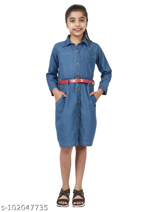 Kunzie denim blue girls' frock with belt, long sleeves, dyed/washed denim for 7-8 or 8-9-year-olds, Indian made