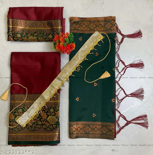 Traditional kids half saree in litchi silk, unstitched Lehenga and Choli with woven design, free size dupatta (1.7m), India