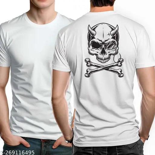 White polyester men's t-shirt with ghost print design, vibrant color, short sleeves & round neck