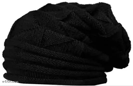 Black wool-acrylic beanie cap, thermal spun, thick and comfortable, unisex, one size fits all, hand wash only, great for outdoor activities like skiing, snowboarding, camping, hiking, and holidays