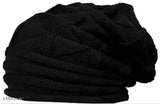 Black wool-acrylic beanie cap, thermal spun, thick and comfortable, unisex, one size fits all, hand wash only, great for outdoor activities like skiing, snowboarding, camping, hiking, and holidays