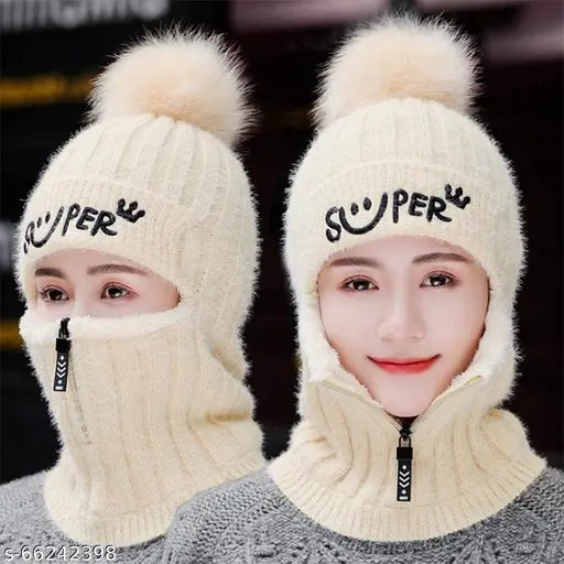 Wool beige unisex winter cap with smiley zipper and pom pom - perfect for cold weather activities