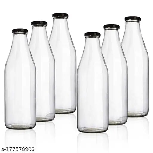 Glass bottles pack of 6 with air tight black lids - Clear and transparent 1L capacity for kitchen and beverage storage